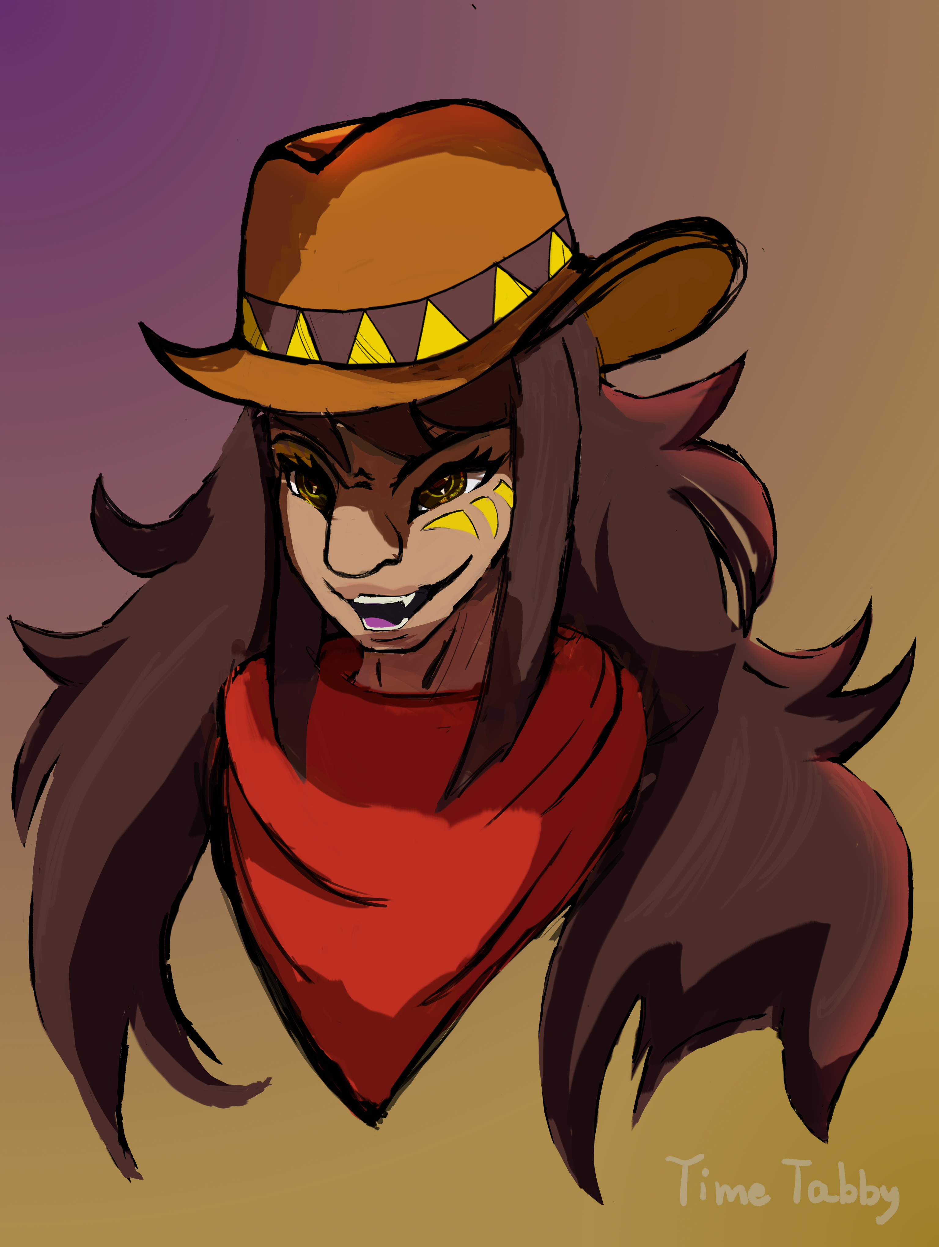 A bust-up/headshot drawing of Zora Salazar sneering evilly. Her cowboy hat casts a heavy shadow on her face to emphasize her expression. Behind her is a purple-yellow gradient meant to look like a sunset.